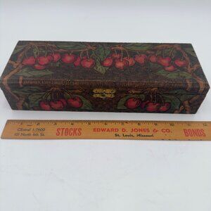 Antique Folk Art Pyography Flemish 681 Wood Storage Box Cherry Pattern